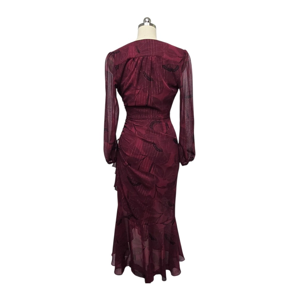 ASTR The Label Womens Burgundy Floral Metallic Wrap Midi Dress ADR100106 XS - Picture 3 of 8